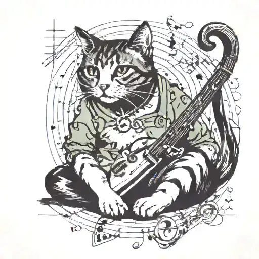 Cat Sitting Cross Legged Listenting To Music Notes