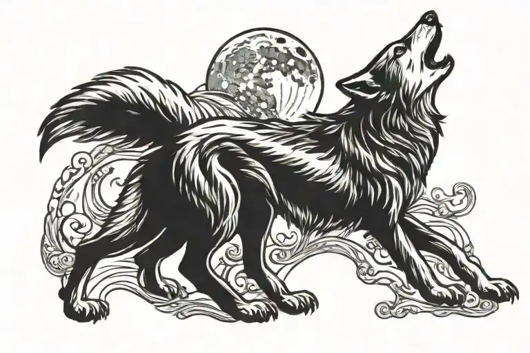 A Black And White Wolf Howling At The Moon