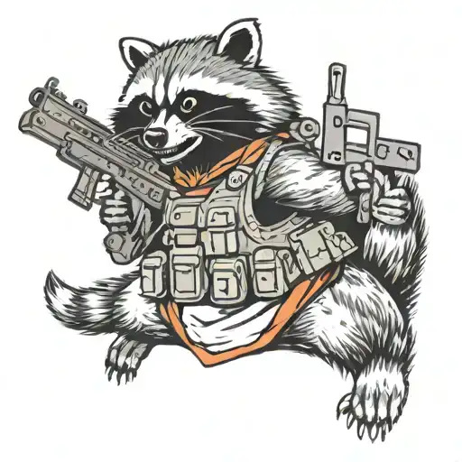 Angry Raccoon Holding Arms In The Air In A War-like Stance Holding 2A Machine Gun In Each Hand