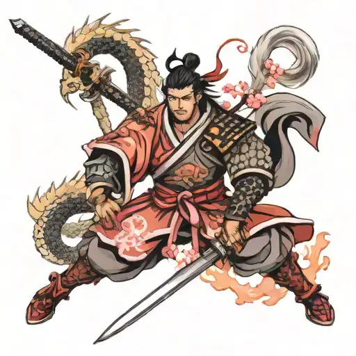 Samurai With Sword And Dragon And Sakura