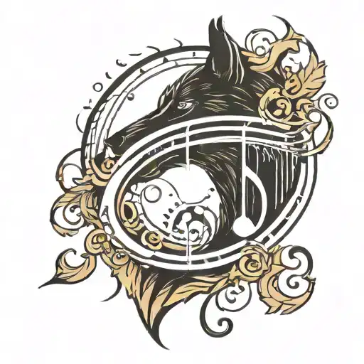 A Minimalist Tattoo Design Of A Music Note Intertwined With A Silhouette Of A Wolf