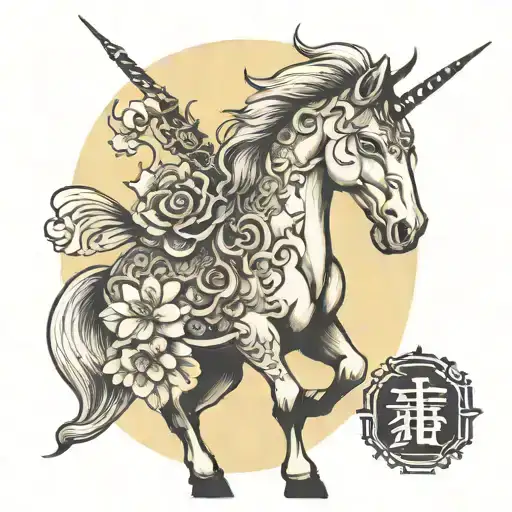 Ancient Japanese Tattoo With Asian Unicorn And Letter Board