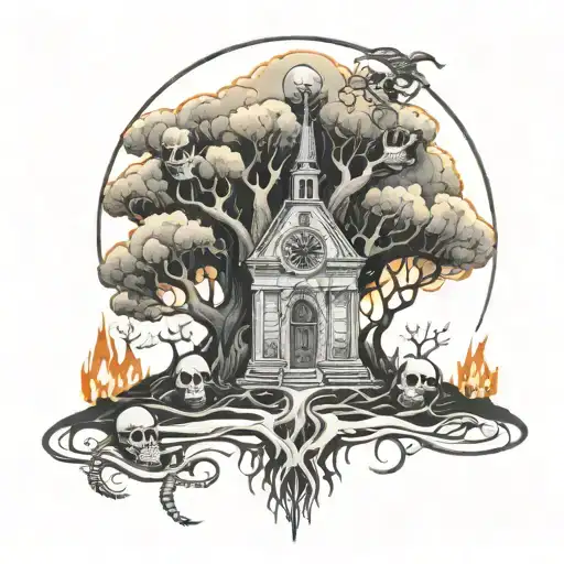Tree Of Life Burning Church Surrounded By Skeletons