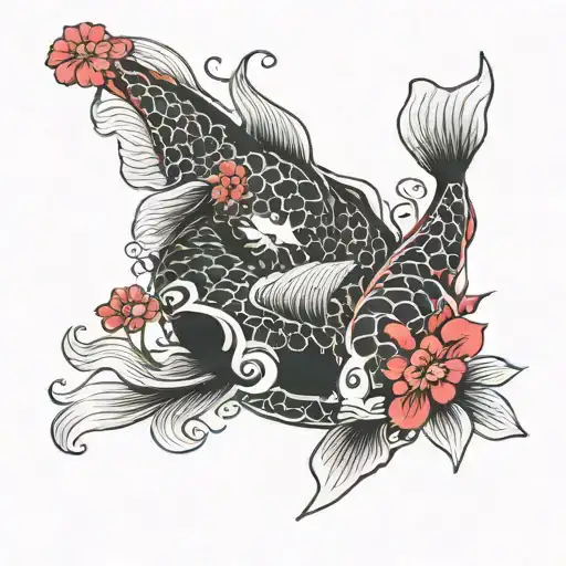 Two Black & Red Koi Fish With Red Flowers Intertwined