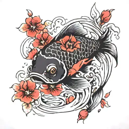 Black Koi Fish With Red Flowers Blooming And Eyelids Dropping Tears Into Water