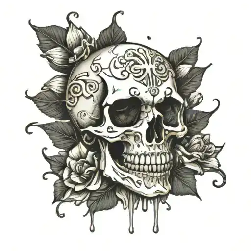 A Skull With Petals Falling From Its Eye Sockets Like Tears