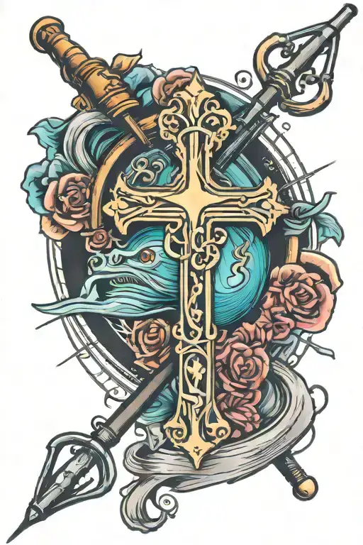 Fishing Pole Holding A Cross Tattoo Design