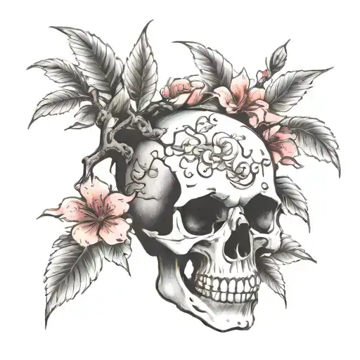 Skull With Cherry Blossom Tree Growing Inside Stencil