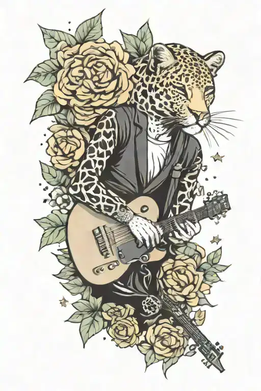 A Realistic Portrait Of A Sleeping Musician Surrounded By Leopard-print Flowers And Stars
