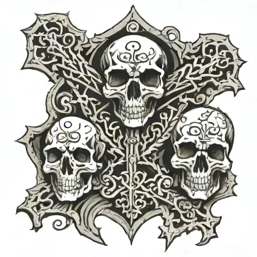 3 Skulls Infront Of A Complex Christian Cross