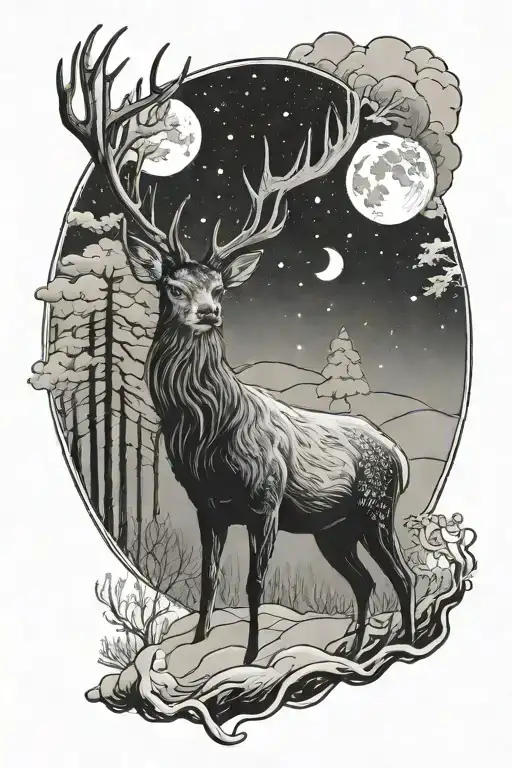 A Black And White Winter Scene With A Deer Gazing At The Moon In The Universe