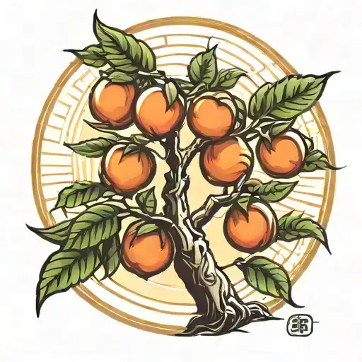 Peach Tree With A Large Sun In The Background