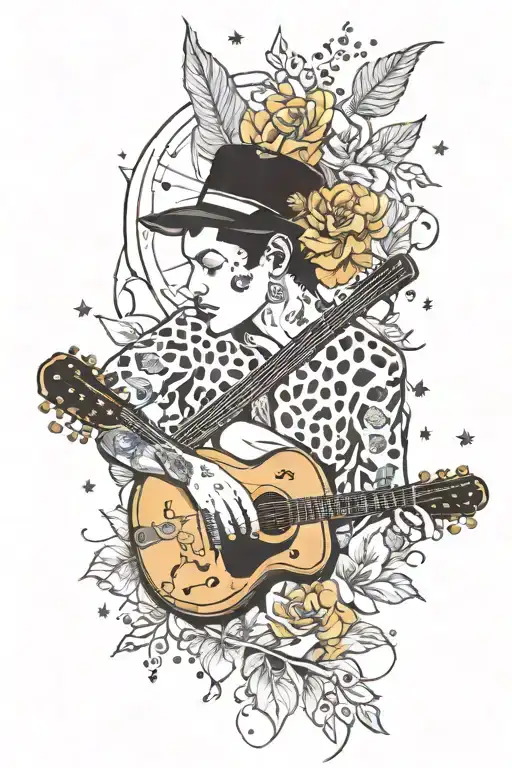 A Realistic Portrait Of A Sleeping Musician Surrounded By Leopard-print Flowers And Stars