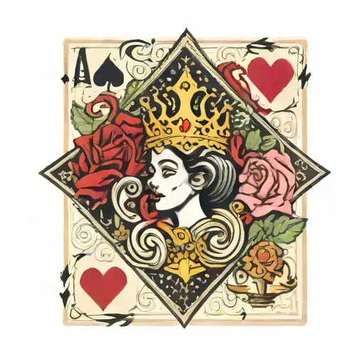 A Playing Card With The Sign Of Ace King And Queen And A Pinup Queen In The Center With A Crown