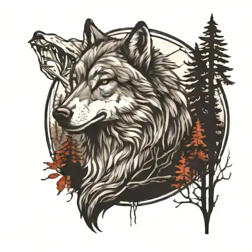 Wolf Tattoo Dark Forest Landscape