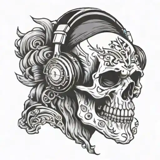 Skull Wearing Headphones Listening To Music