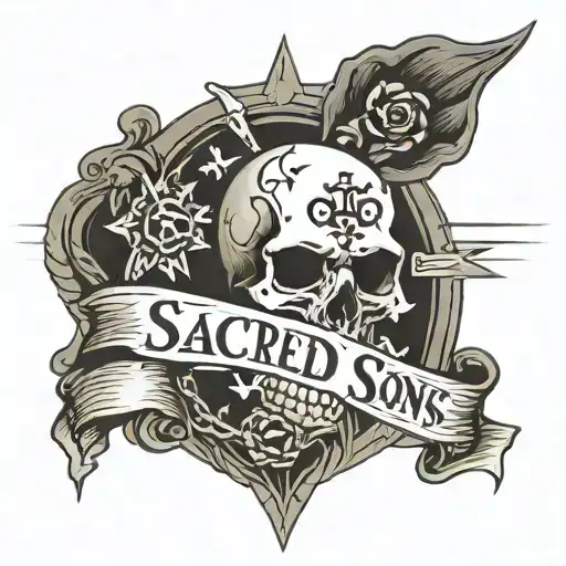 A Skull With The Text Sacred Sons On A Banner Above It With A Chirstian Cross Going Through It