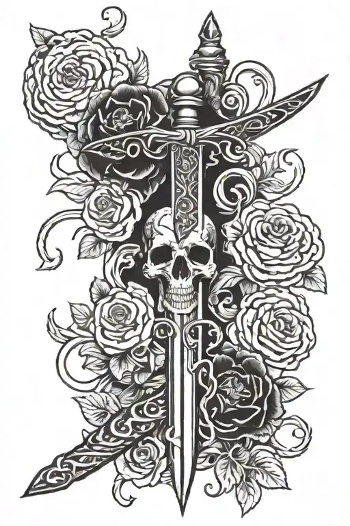 Black And White Flowers Up Top With Sword And Snake Going Down Spine