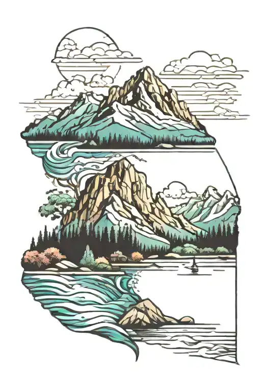 A Mountain Landscape Tattoo With A Hidden Beach Scene Within The Mountains