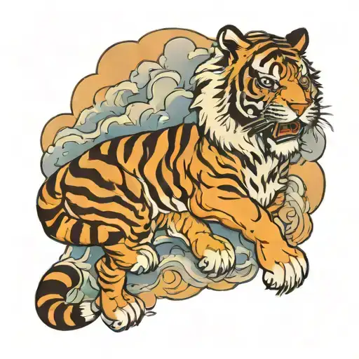 Tiger On Clouds With Thunder