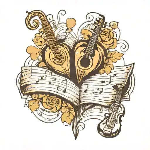 A Vintage Music Sheet With Whimsical Illustrations Of Hearts And Musical Instruments