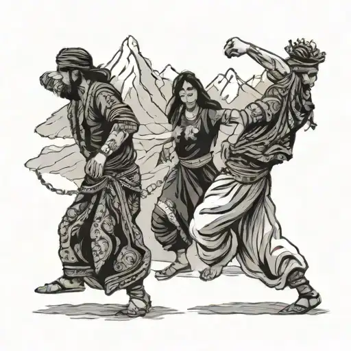 A Chain Of People Doing The Kurdish Dance And Behind Them Is A Mountain In The Background