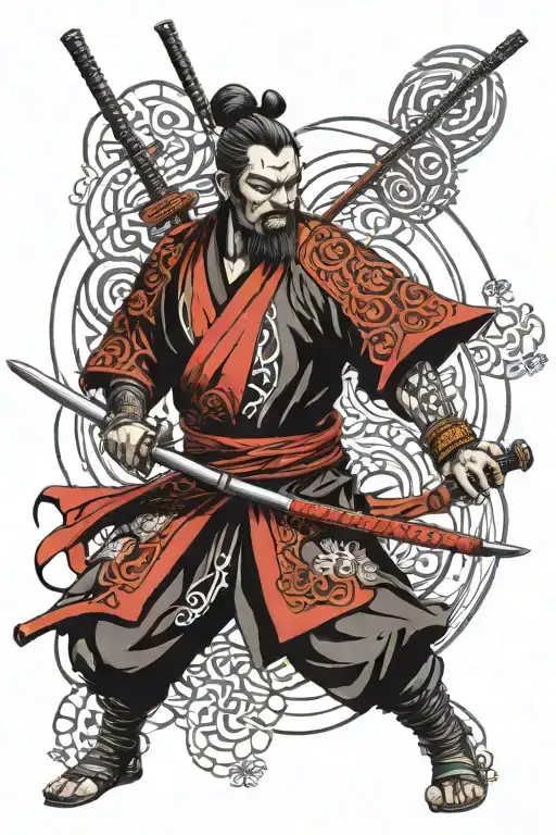 Samurai Surrounded By Orbits Of Arabic Caligraphy In Microrealism Style