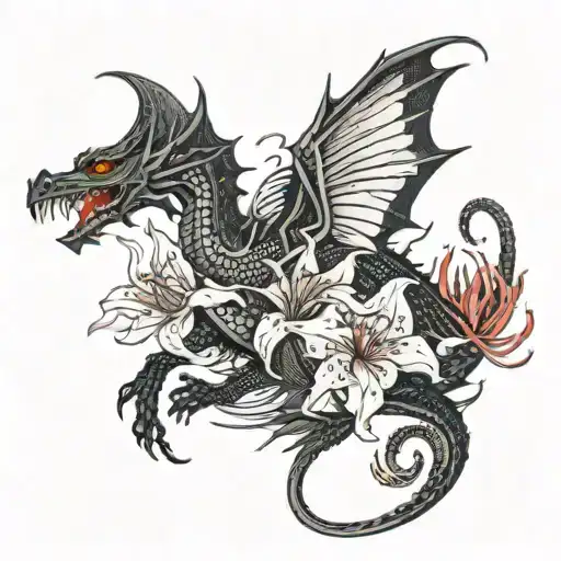 Middle Sized Tatoo With A Black Dragon And Red Spider Lilies