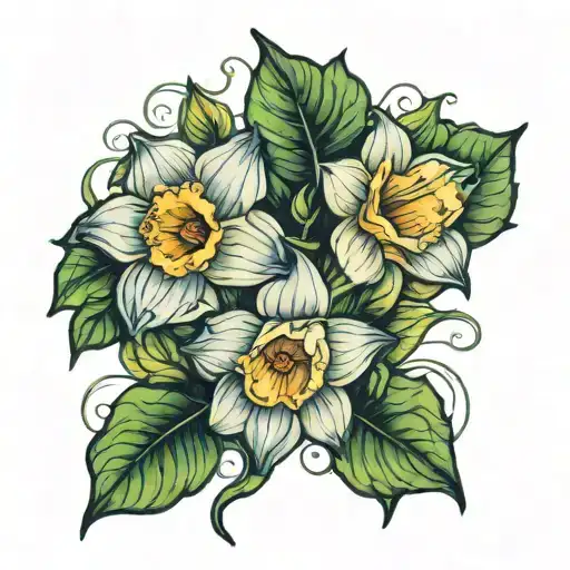 1 Big Daffodil 1 Big Morning Glory And Two Little Morning Glories With Stems