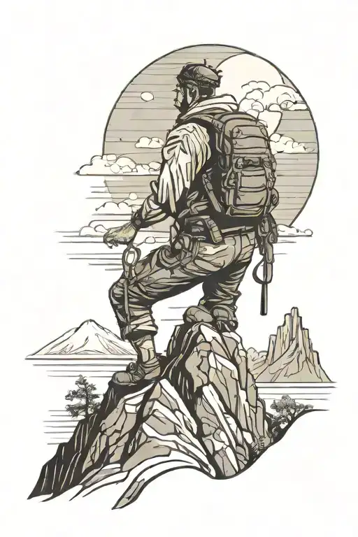 A Climber On A Mountain With A Sea View On Background
