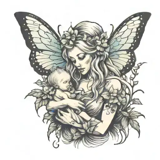A Fairy Mother Holding A Baby In A Mystical Forest With Rises And Scorpions