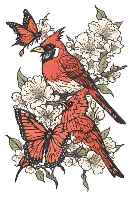 Cherry Blossoms With Monarch And Cardinal Bird