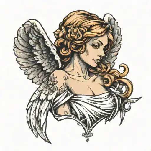 Angel With Closed Face With Wings In Sketch Style
