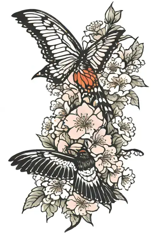 Cherry Blossoms With Monarch And Cardinal Bird Flying