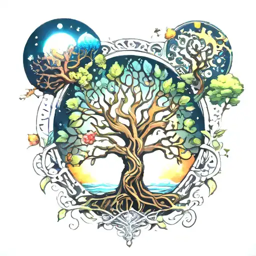 A Magical Tree Of Life Intertwined With Elements Of Nature And Celestial Bodies