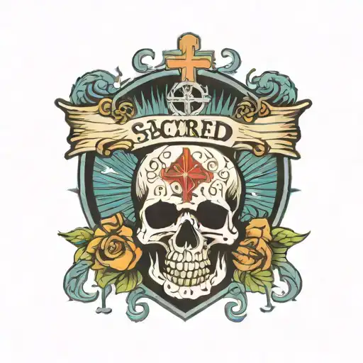 A Skull With The Text Sacred Sons On A Banner Above It With A Chirstian Cross Going Through It