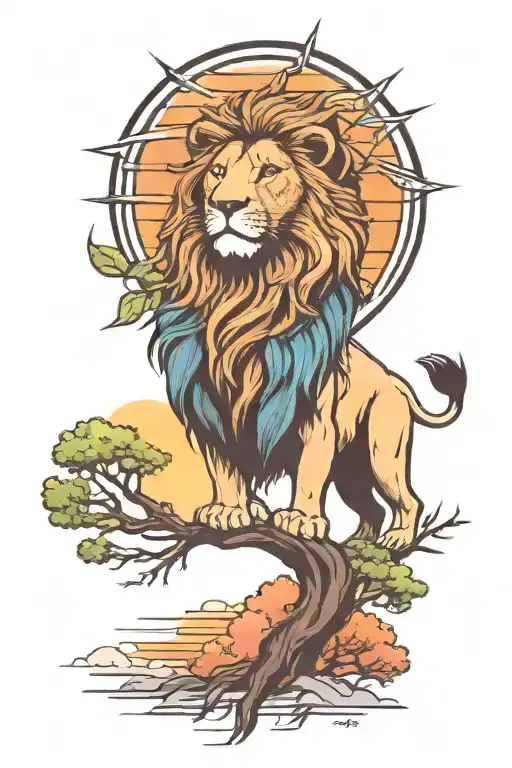 Lion Head Growling And Trees Colors Sunset Sky Filled