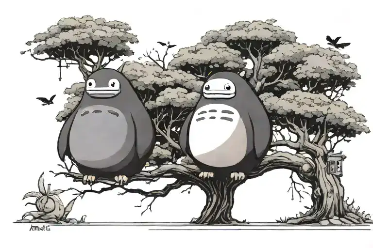 My Neighbour Tottoro And Noface From Spirited Away With The Small Soots Under A Large Tree