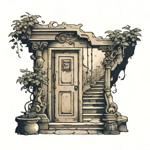 A Door With Three Steps Leading To A Space Surrounded