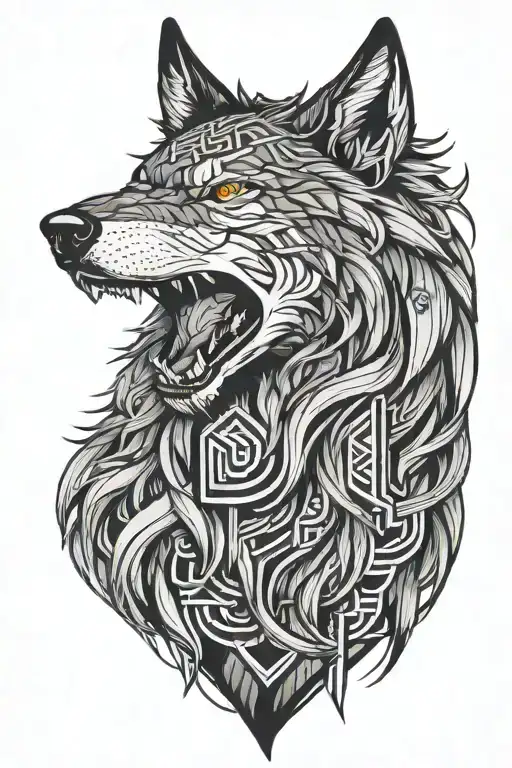 Agressive Wolf Head With Long Hair Tattoo And Geometric Design