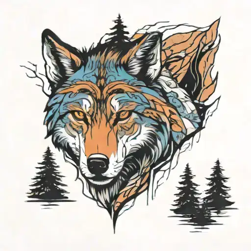 The Face Of A Wolf In A Forest With A Lake And The Silhouette Of A Father And His Daughter