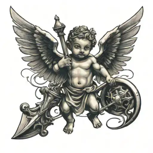 Cherub Holding A Medieval Mace Weapon Wrapped Loosely