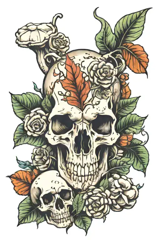 Animal Skull With Leaves And Mushrooms Growing