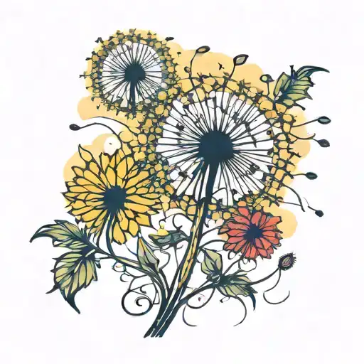 Dandelion Tattoo With Six Seeds Blowing Away One Falling To The Ground Bright Colours Vines Growing