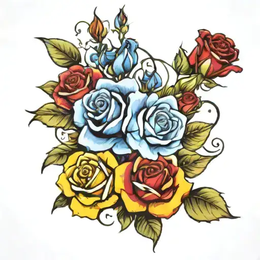 Red And Yellow Roses With Bluebells Cover Art Style