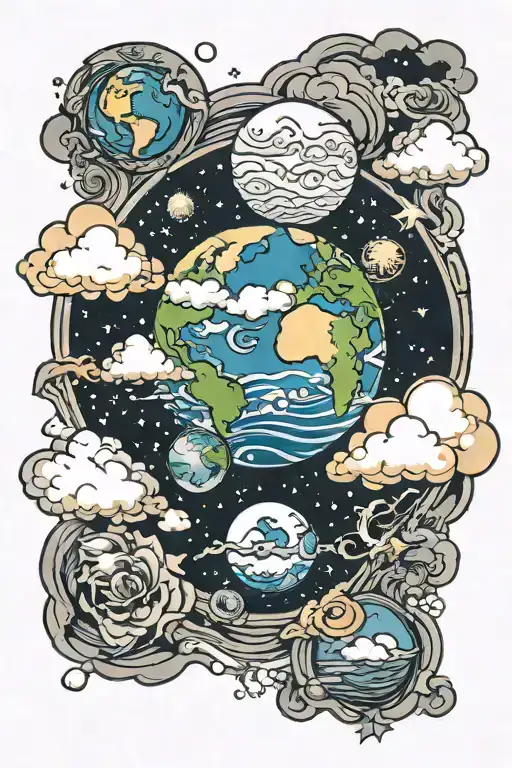 Earth And Moon Surrounded By Clouds Surrounding