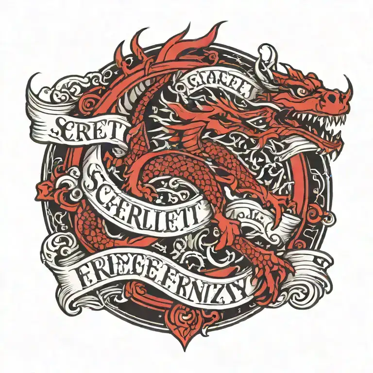 A Small Tattoo With The Words Scarlet Frenzy And A Ruby Dragon