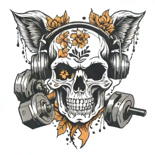 A Skull Wearing Headphones And Lifting Dumbbells With Foxes Cheering In The Background