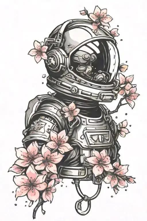 Cherry Blossoms Falling Throug Space Helmet Surrounded