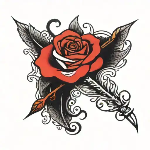A Traditional Tattoo Of A Quill Pen Intertwined With A Red Rose Vine